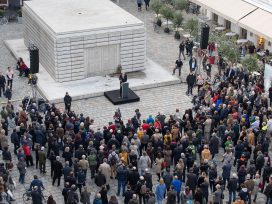 Timothy Snyder giving a Speech at Judenplatz, Vienna.